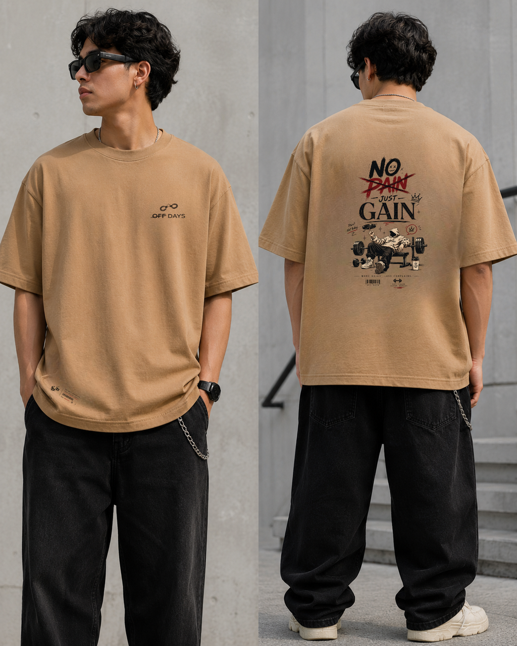 No Pain Just Gain Oversized T-Shirt - Beige